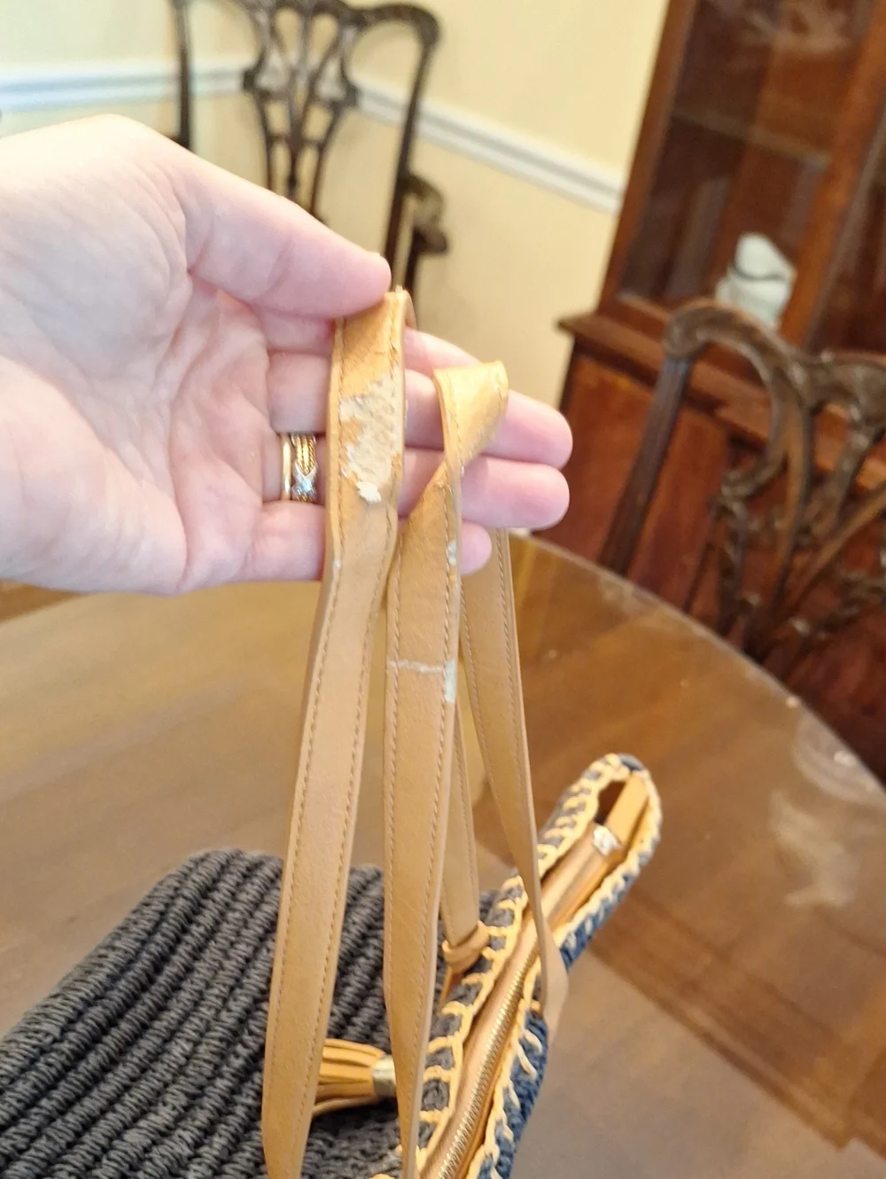 Talbots Woven Navy Straw Tote Beach Bag with Tan Handles